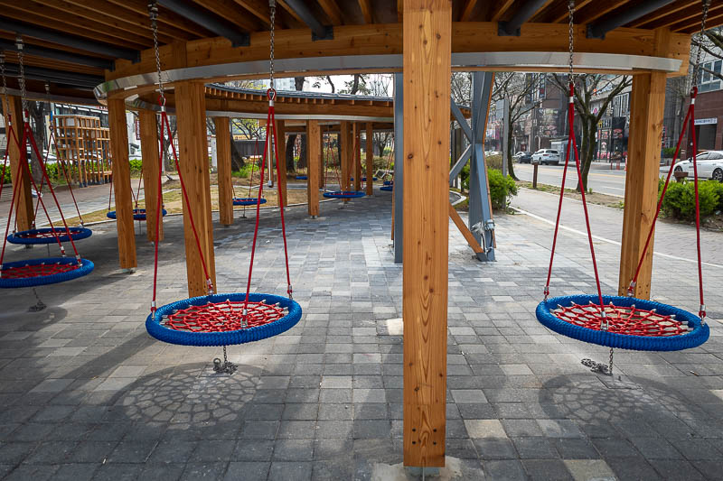 Korea-Daejeon-Yuseong-Market - The hot spring area is really just one strip of attractions up the middle of a road. First up, swings. The way they are tethered to the ground to prev