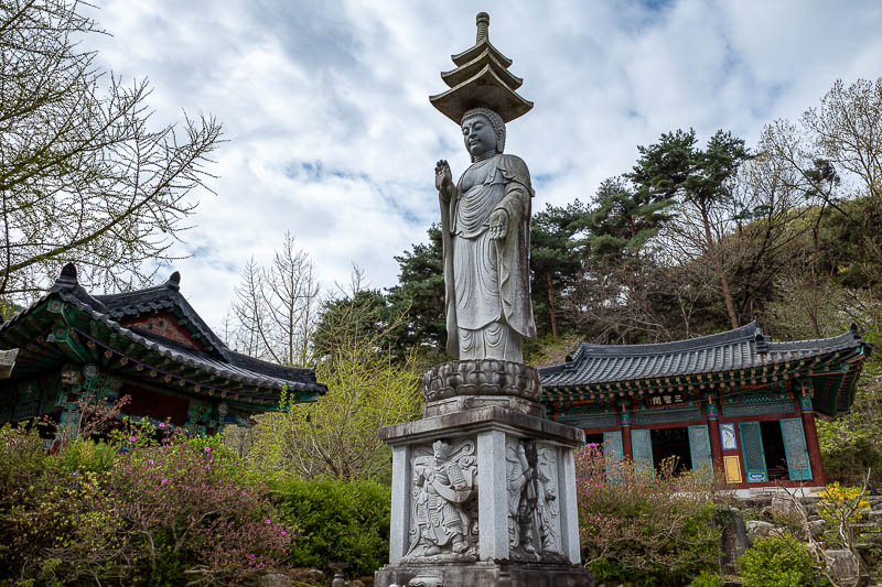 Korea-Jeonju-Hiking-Moaksan - Temple number one features Buddha with a pagoda hat. Fetching.