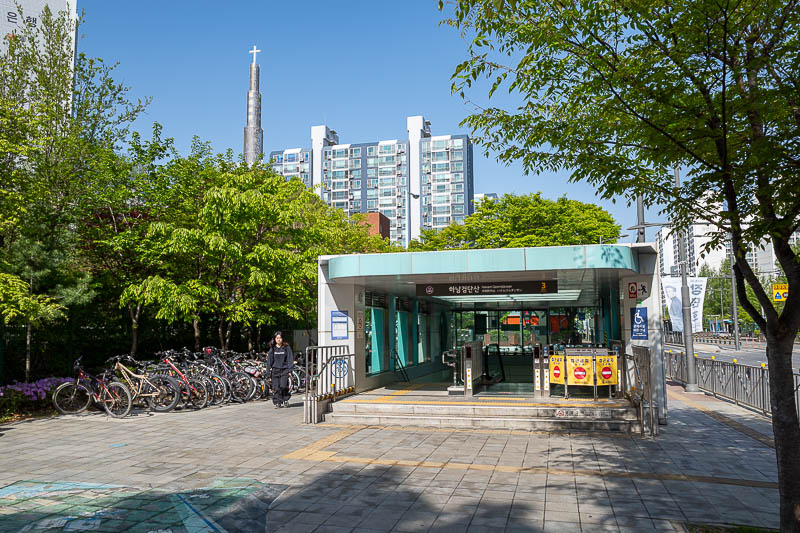 Korea-Seoul-Hiking-Geomdansan - To get here is easy, take the purple line to the end, where the station is named the same as the mountain, Geomdansan. Weird church structure visible.