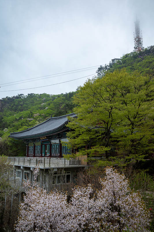 Korea-Seoul-Hiking-Gwanaksan - Antennas in cloud. This shows you how close to the summit this temple compound is.