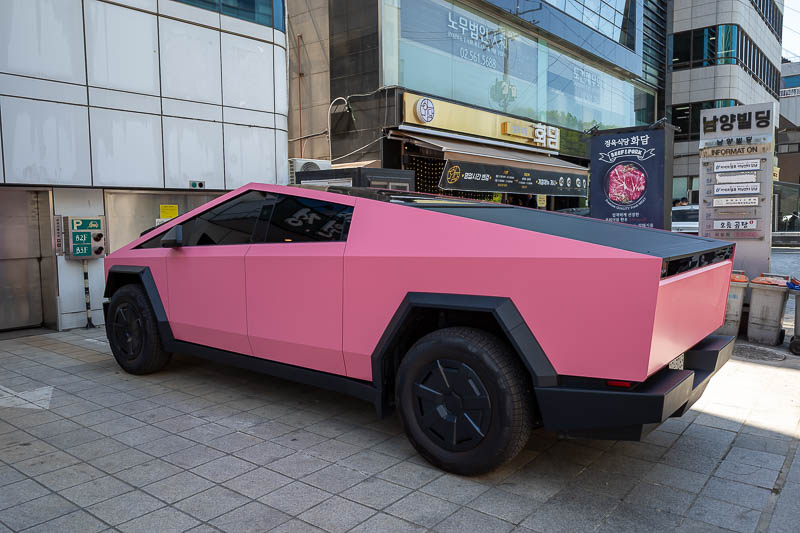 Korea yet again for the 7th time - March and April 2026 - If having a cybertruck was not stupid enough already, how about a pink one? At least the silly shape makes it easy to apply the cheap pink vinyl.