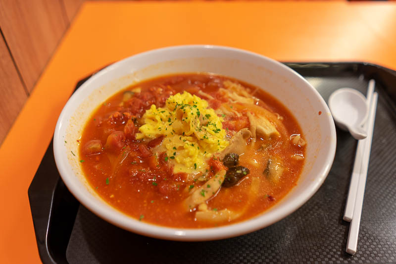 Hong Kong-Tsim Sha Tsui - Here is my dinner. I ate healthy all day, but too much. This is vegetarian and delicious. It is tomato soup, with fusili pasta, every kind of mushroom