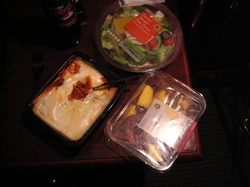England-London-Victoria Albert Museum - Heres a selection of my food things, vegetarian lasagne (really nice! and from the low calorie selection), side salad, fruit salad, pepsi max (best dr