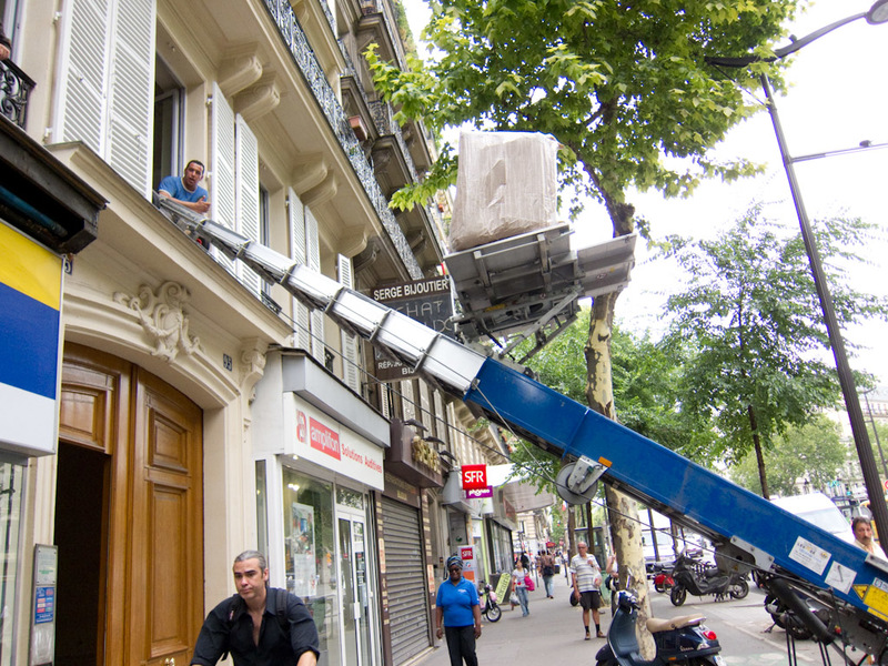 France-Paris-Eurostar-London - This was amusing, the couch is going up the powered ladder thing, this is how you move house here. I have never seen anything like it. The guys seemed