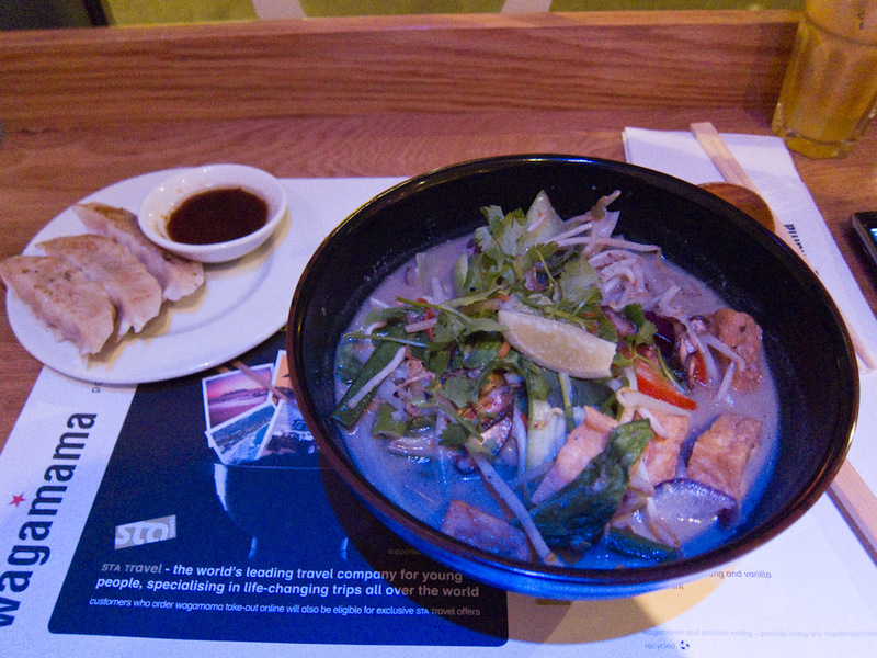 England-London-Food - This is my dinner from Wagamama, it was the special. The dumplings were cold, the soup was as grey as it looks in the picture and the stuff in it seem