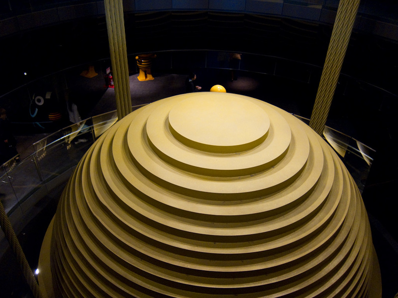 Taiwan-Taipei-Taipei 101-View-Dumplings - This giant ball is suspended in the top of the building to counter balance the swaying due to strong winds and earthquake. I didnt see it move whilst 