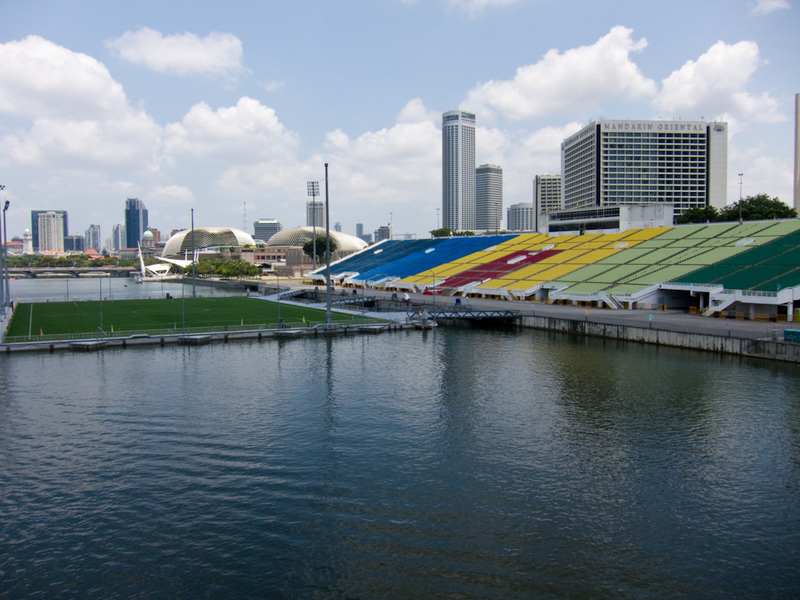Singapore-Casino-Mall-Architecture - For whatever reason they have constructed a floating sports arena with quite a large stadium along side it. Its a football pitch now, but fake grass. 