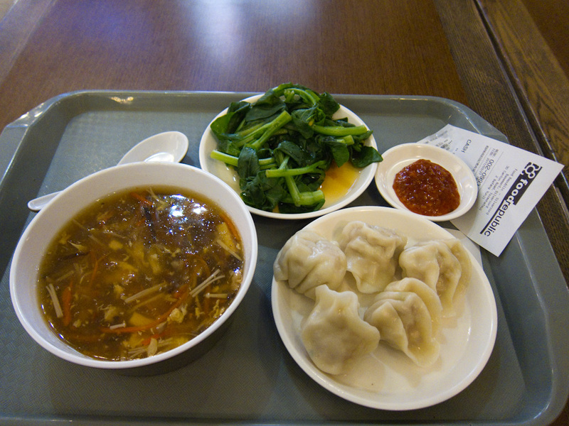 Taiwan / Hong Kong / Singapore - March/April 2011 - Here it is, boiled mystery dumplings (they were very nice), with hot and sour soup (a soup thickened with egg whites) and steamed greens. It was very 