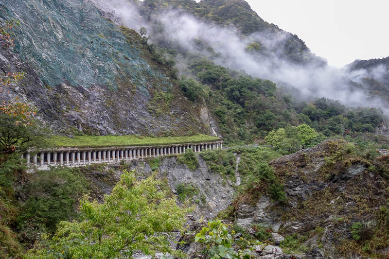 Taiwan-Hualien-Taroko Gorge - Much of the road is like this, cut into the cliff and covered due to rock slides. Still it gets closed often, due to rock slides. Hence the need for h