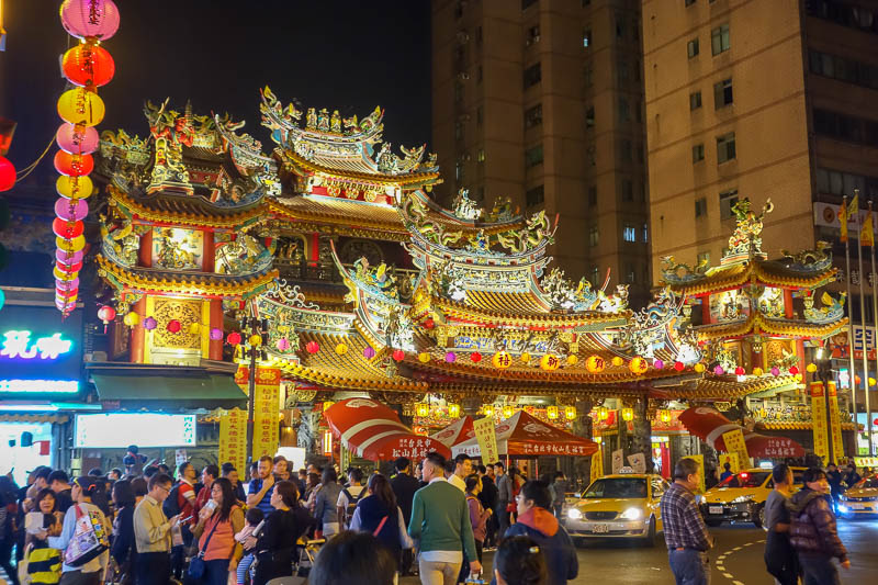 A full lap of Taiwan in March 2017 - The end of the night market street has a temple with suitably garish colors. The other amazing thing about the night markets is they are only at night