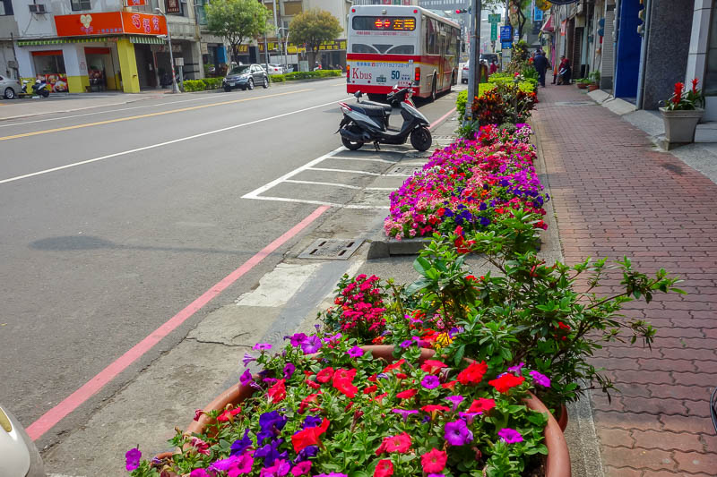 A full lap of Taiwan in March 2017 - The streets are all very colorful, despite the smog. Lots of flowers and carefully manicured trees. Heavy pruning was going on everywhere. I am an exp