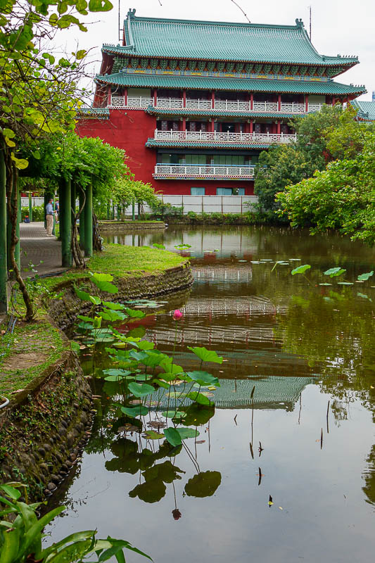 Taiwan-Taipei-Temple-Garden - The lotus pond has only one flower. A guy was taking a photo of it with a lense about 3 metres long. I stood in front of him.